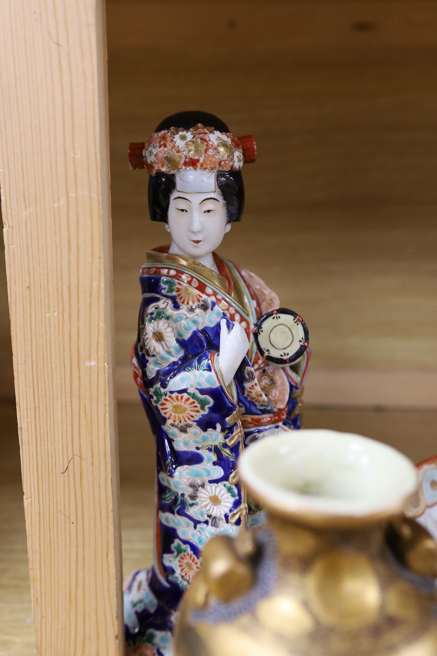 A group of various Japanese ceramics including kutani and satsuma and a similar bronze vase